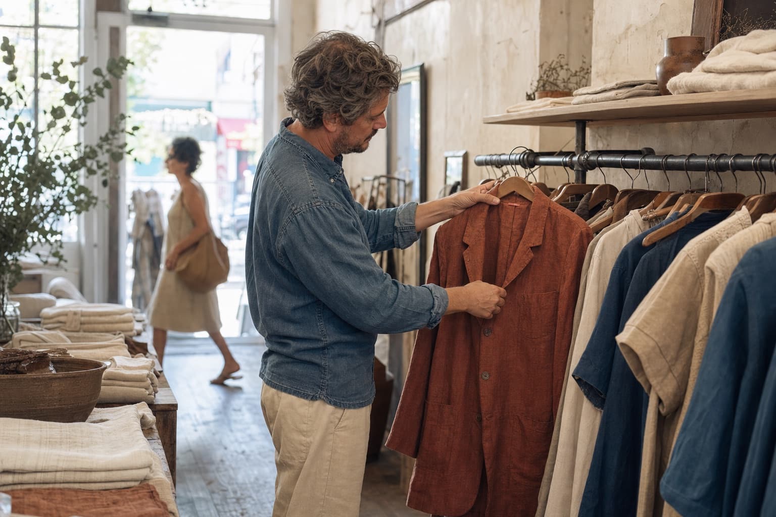 A shop owner arranging linen clothing in a Magazine Street boutique