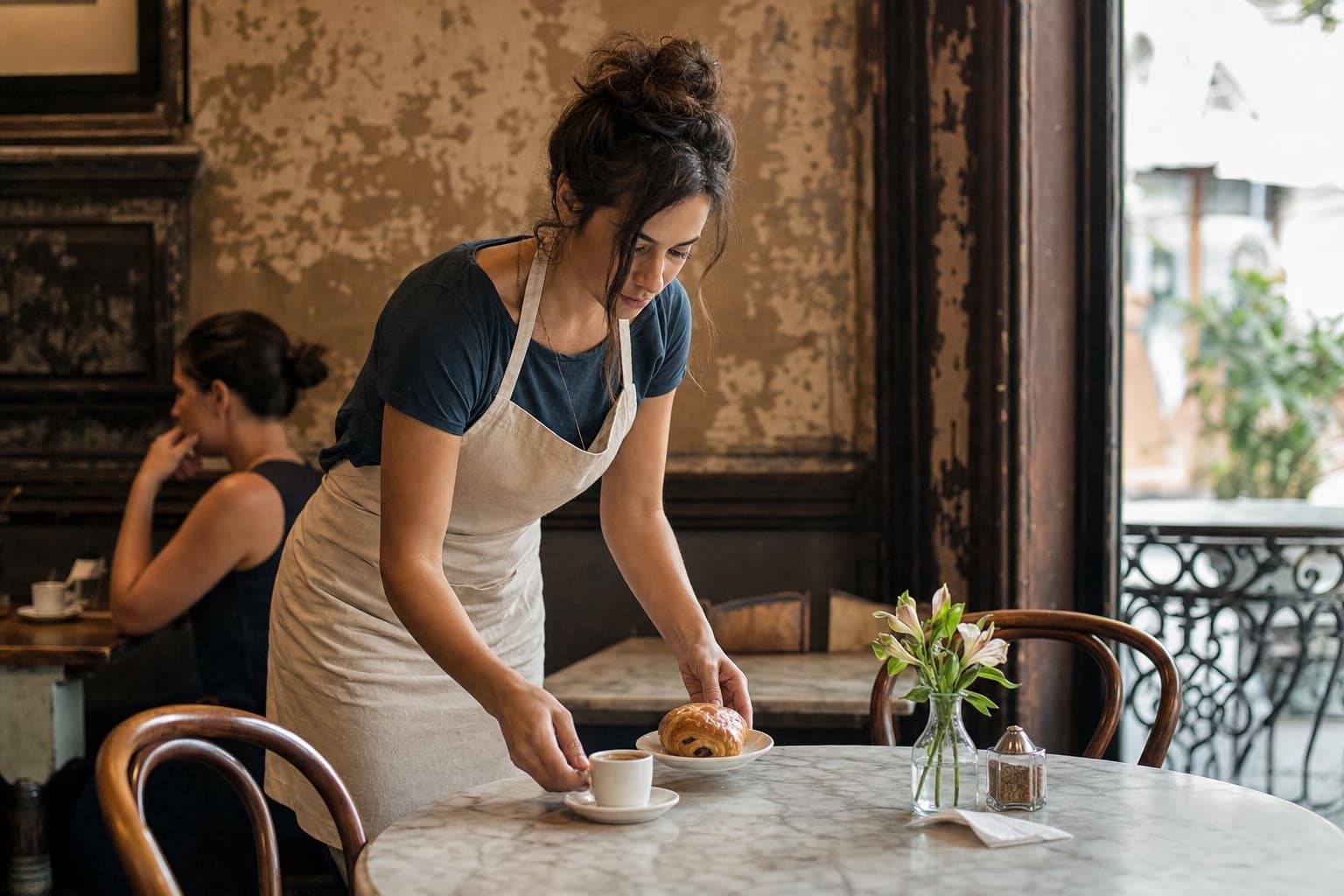 A barista setting espresso and a pastry on a café table