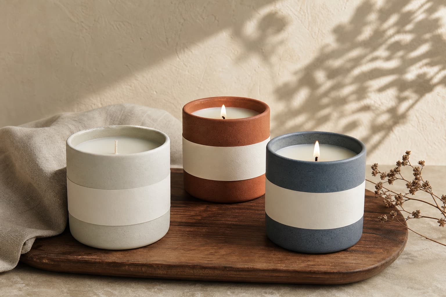 Three artisan ceramic candles in warm neutral colors