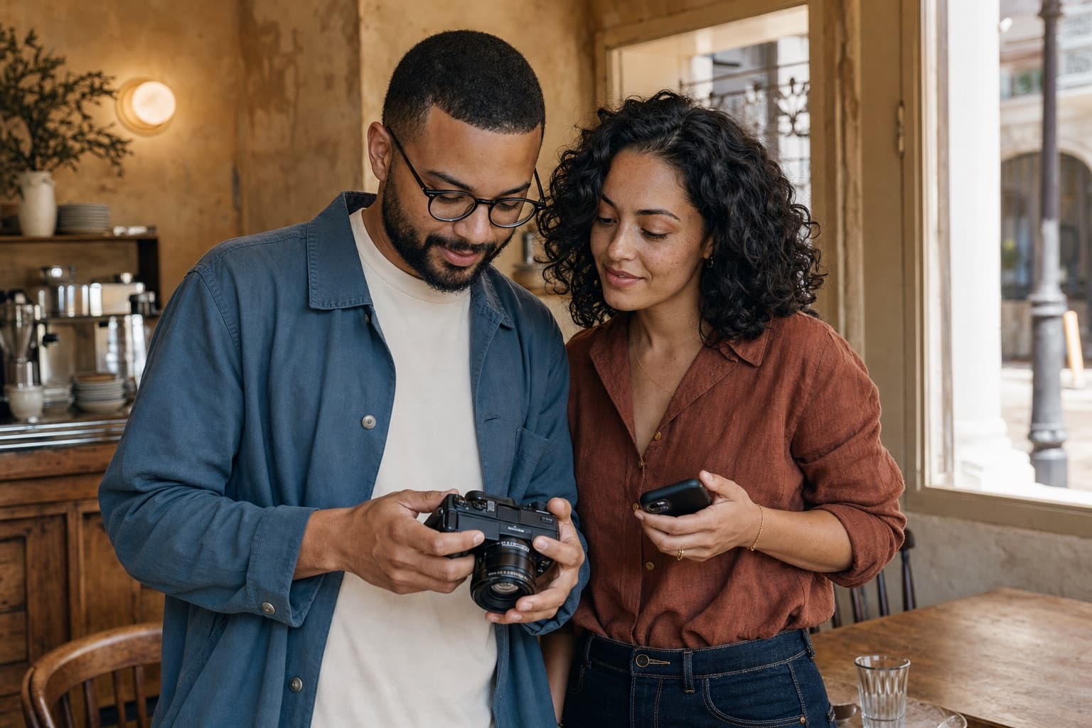Matt and Madison reviewing photos together during a café shoot