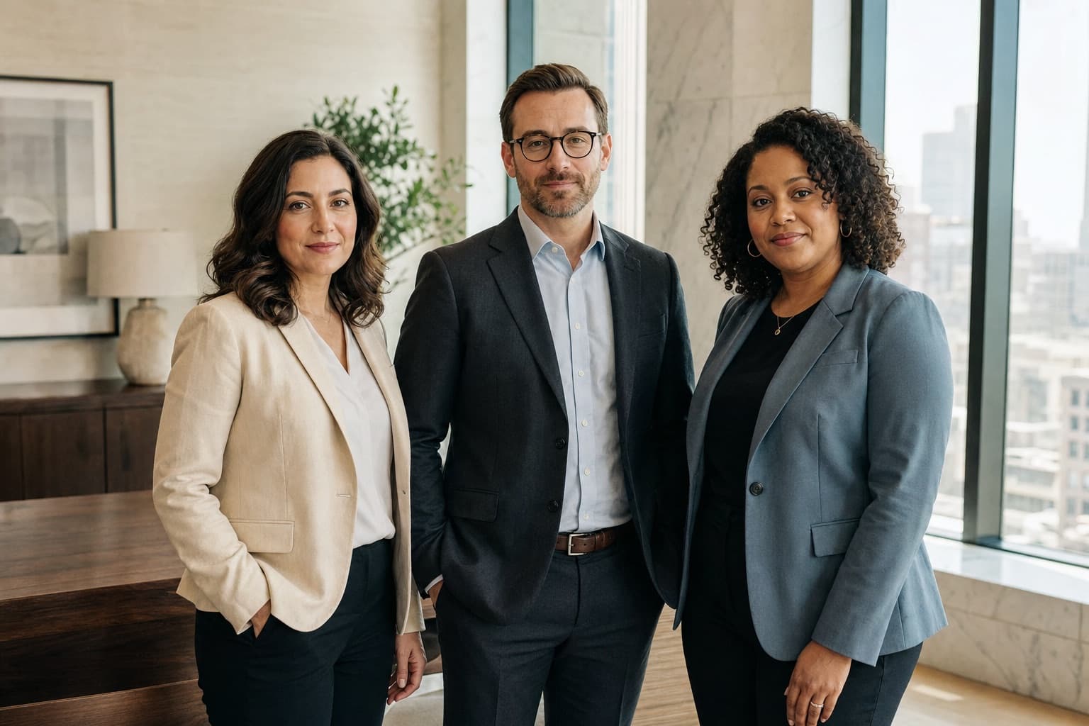 Three legal professionals in a warm downtown office