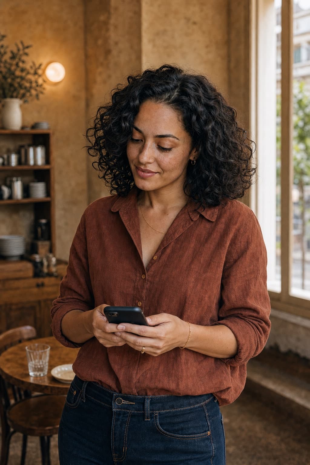 Madison using her phone in a warmly lit New Orleans café
