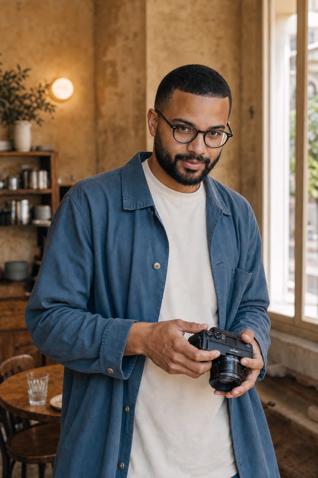 Matt holding a camera in a warmly lit New Orleans café