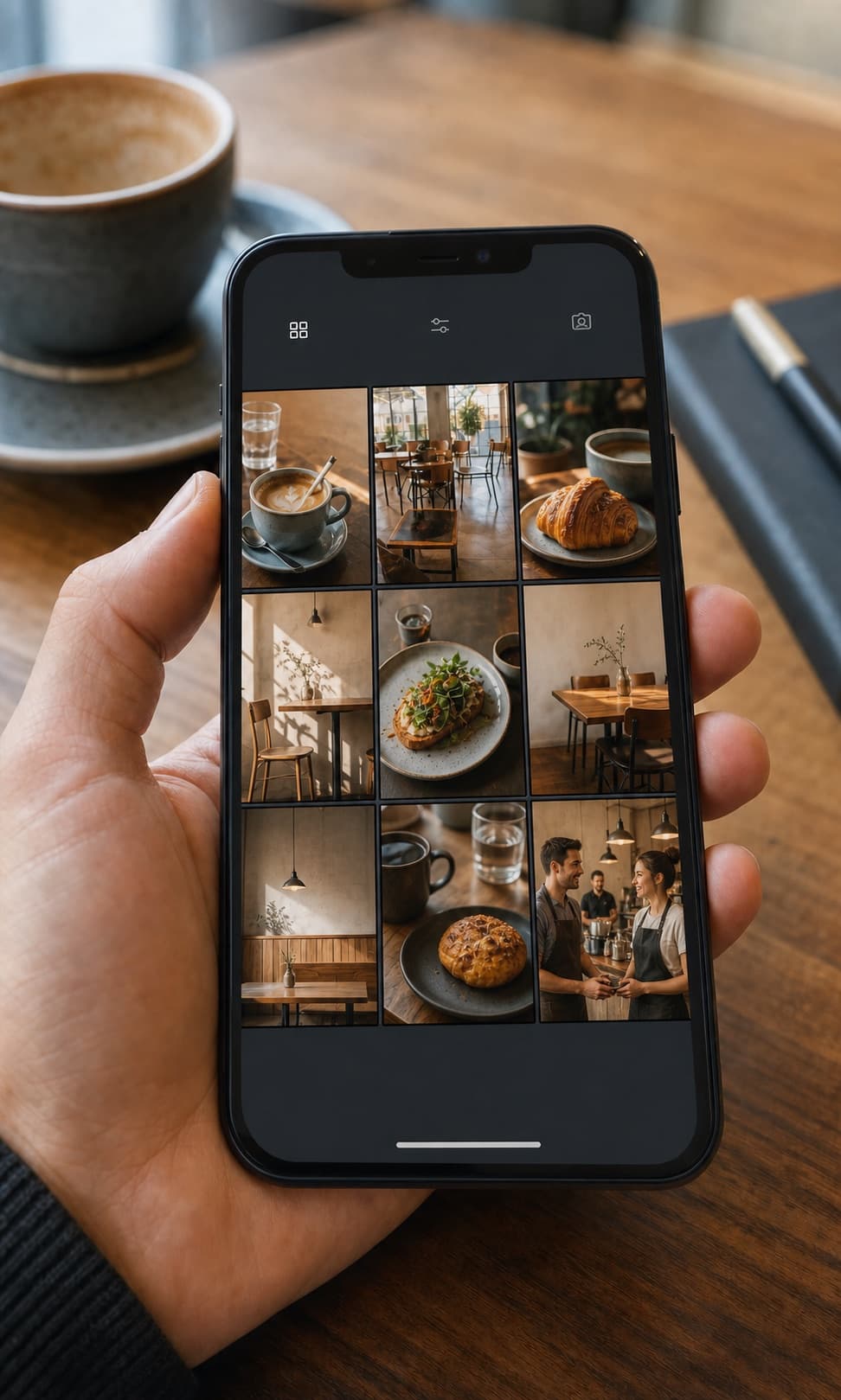 Example phone screen showing a cohesive café photo grid after a campaign