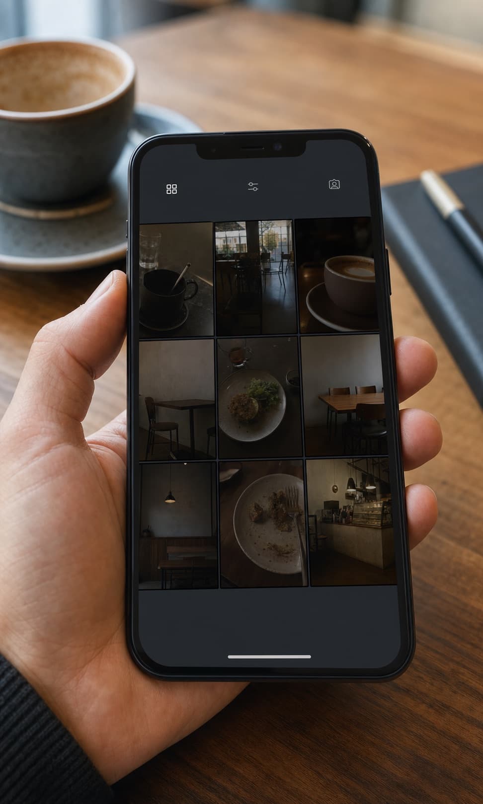 Example phone screen showing an inconsistent café photo grid before a campaign
