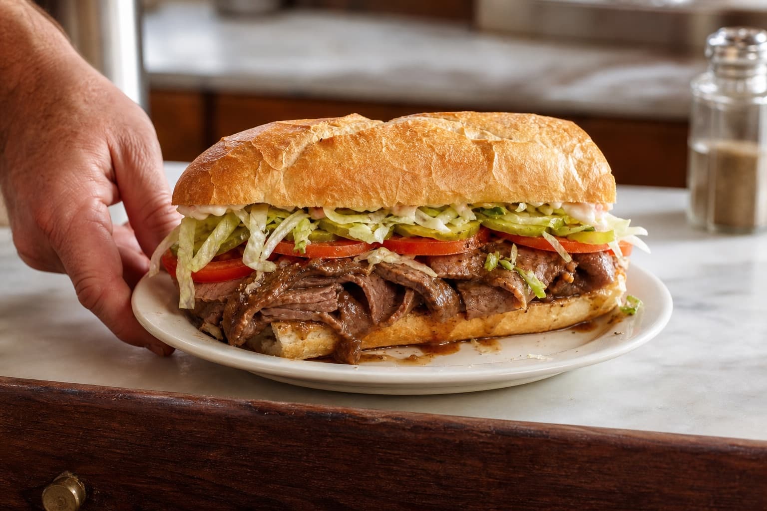 Close-up of a dressed roast beef po-boy on a café counter